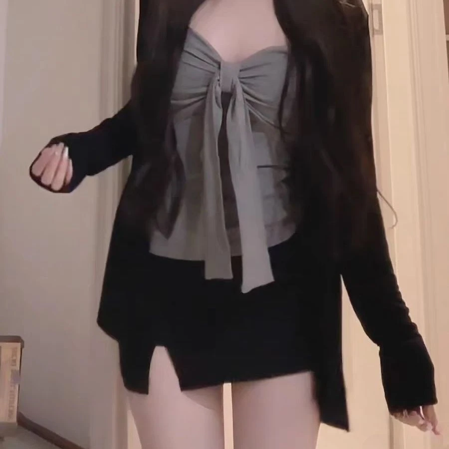 新款时尚洋气百搭女装外衫吊带开叉裙子气质入秋穿搭一整套女装