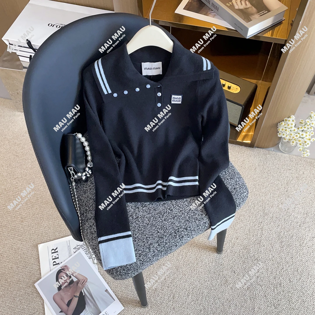 黑色翻领撞色长袖针织衫女新款设计感修身内搭打底衫上衣DY9413