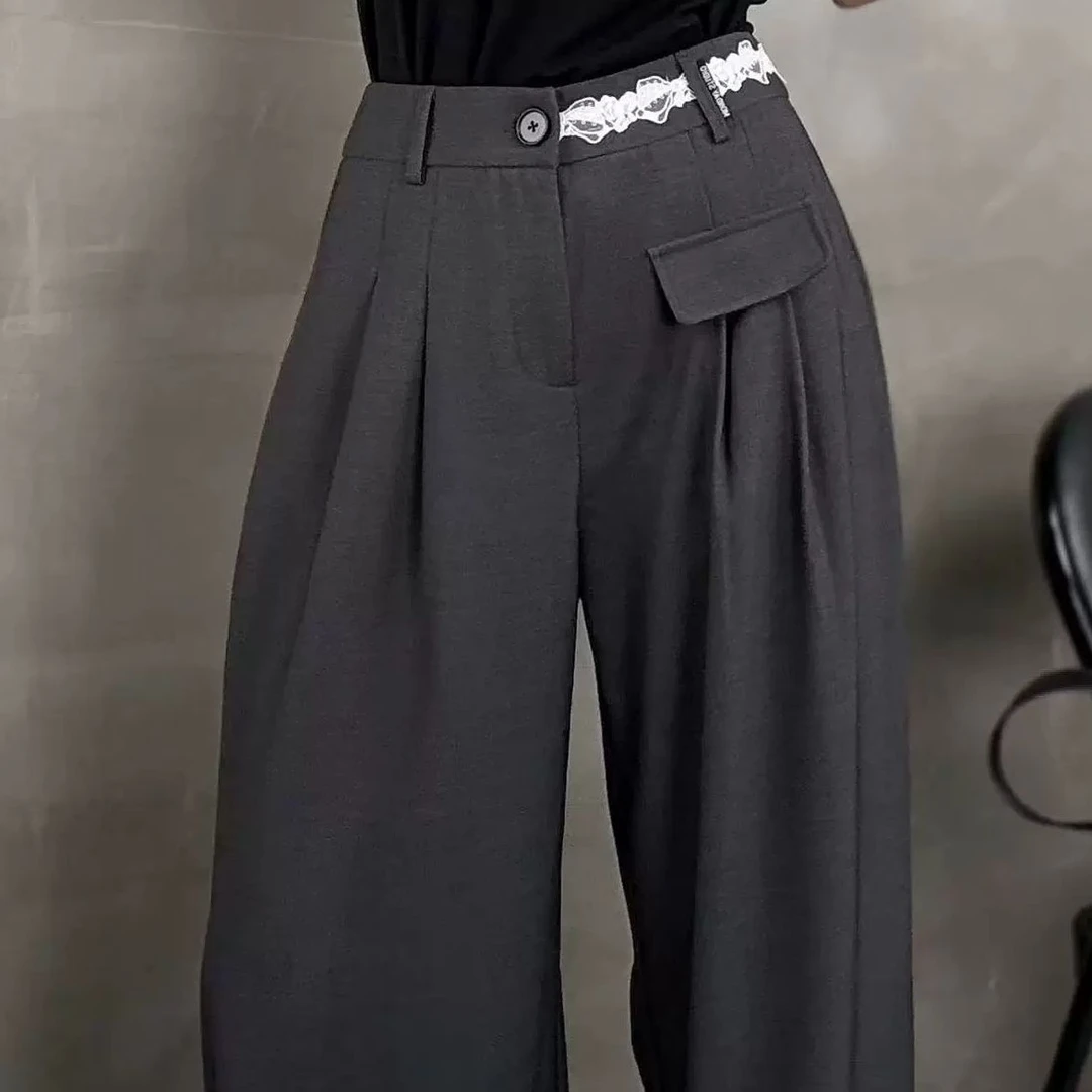 KIKI严选：256735-格格家欧货南油夏季休闲百搭腰拼蕾丝气质阔腿