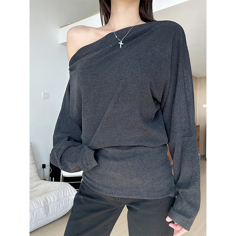 【部分现】不对称一字肩斜肩加厚绒感宽松慵懒长袖百搭T恤240489