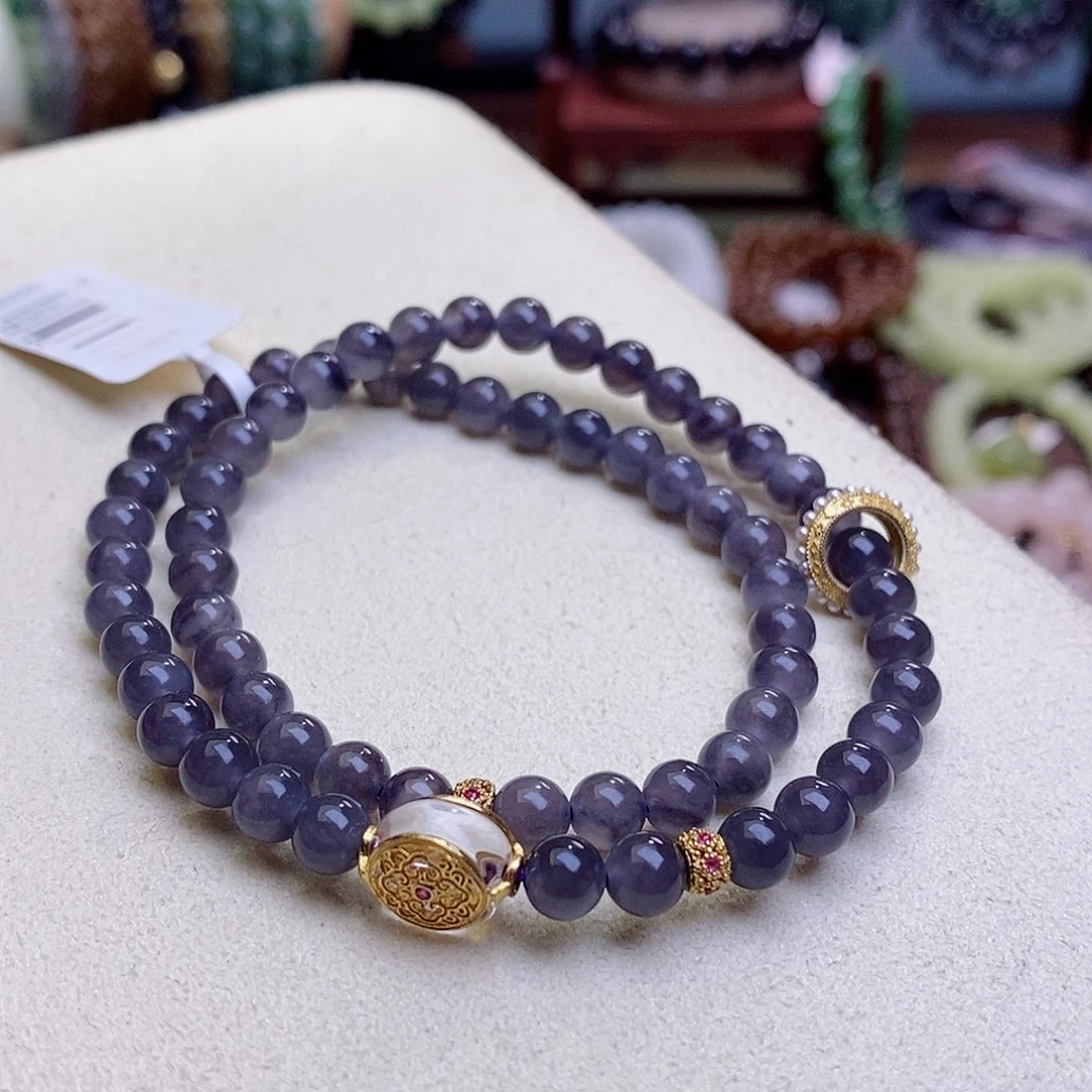 和田玉未镶嵌颈饰收藏级烟紫高冰老矿料两圈手链6m