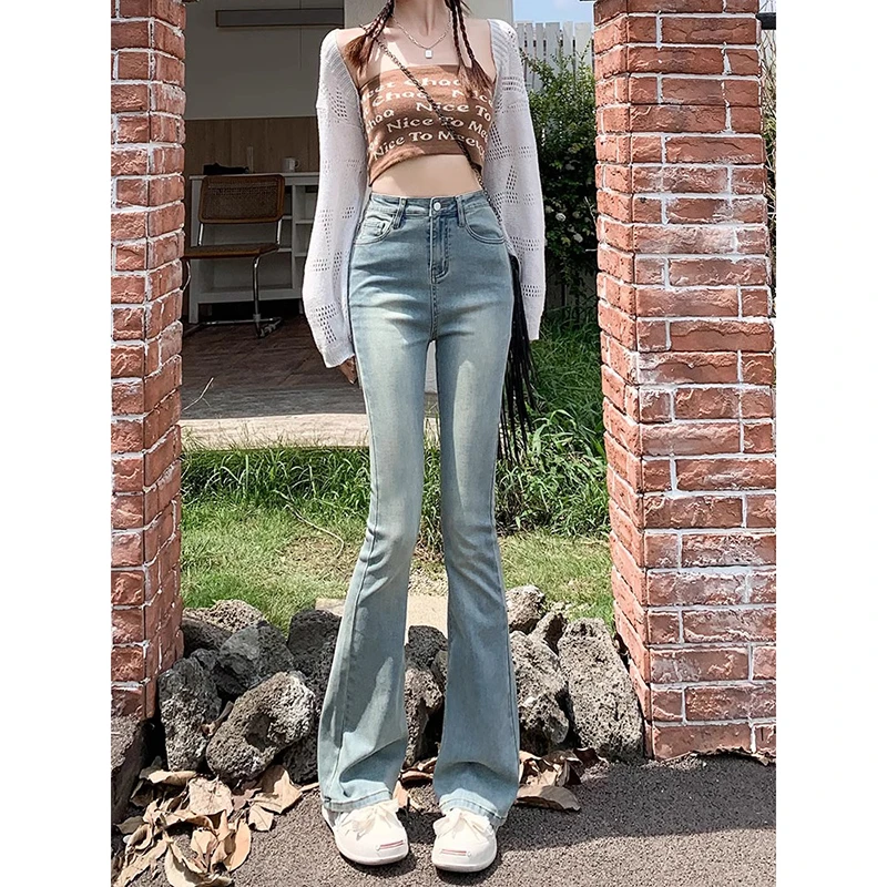 浅色高腰微喇叭牛仔裤女2025新款水洗蓝显瘦弹力修身拖地马蹄裤子