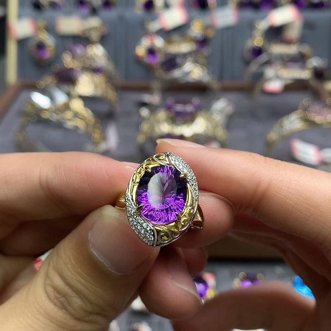 戒指银S925镀金镶嵌水晶