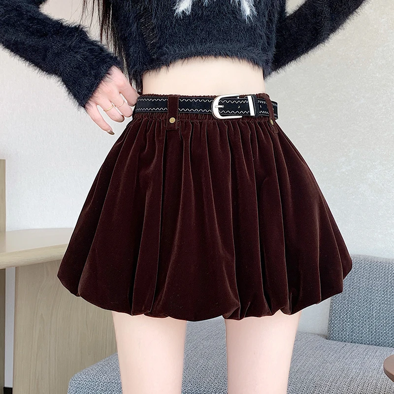 高腰显瘦丝绒花苞半身裙女2025秋冬新款百搭A字蓬蓬裙配腰带短裙
