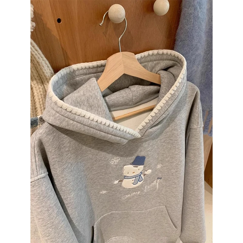 卡通雪人连帽卫衣女刺绣oversize学生百搭加绒加厚拼接撞色外套