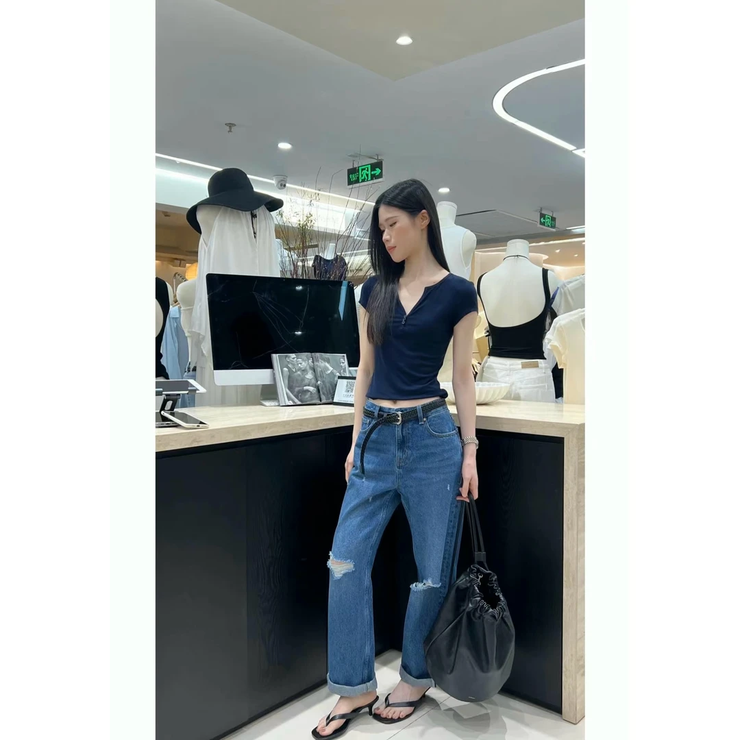 福秒-破洞的！直筒九分牛仔裤（TM11388#）TM