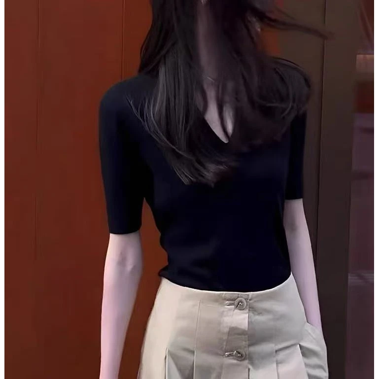 V领收腰正肩T恤女新款洋气短袖打底上衣女气质简约百搭打底衫7728