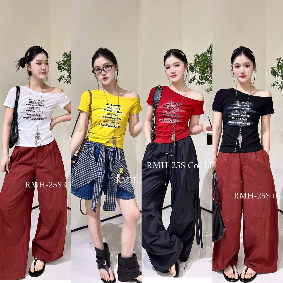 【YIBUDAOWEI】斜肩字母印花不规则褶皱露肩上衣收腰短袖T恤 60155