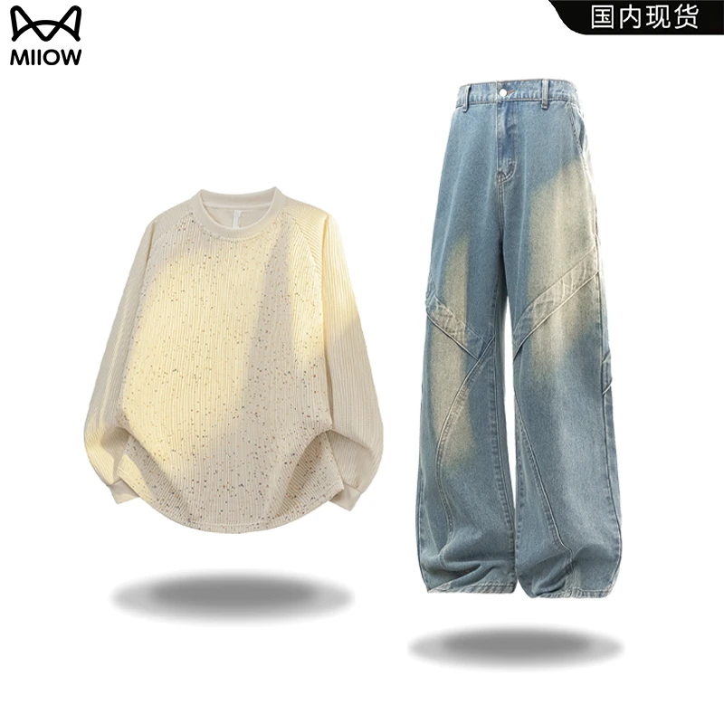 猫人套装美式织条满天星圆领卫衣男秋季拼接工装牛仔裤宽松两件套