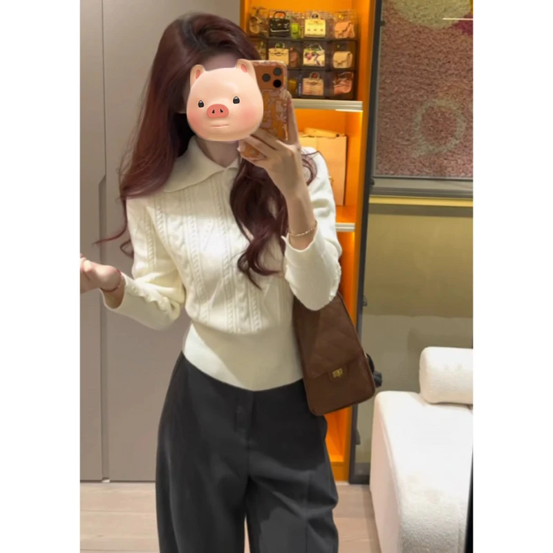 法式polo翻领套头麻花打底毛衣女秋冬季慵懒风收腰内搭针织衫上衣