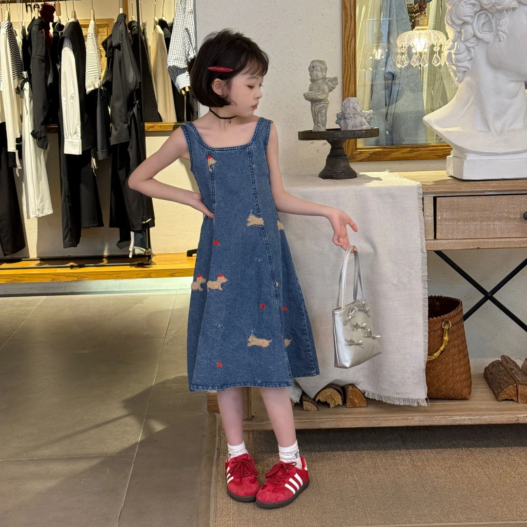 港风复古气质牛仔吊带连衣裙女童2025夏季甜酷刺绣高级度假风长裙