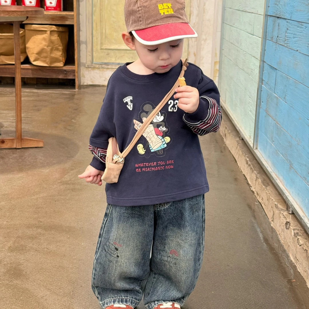 童装2025秋季新款男童小童韩版卡通动漫条纹袖假两件T恤