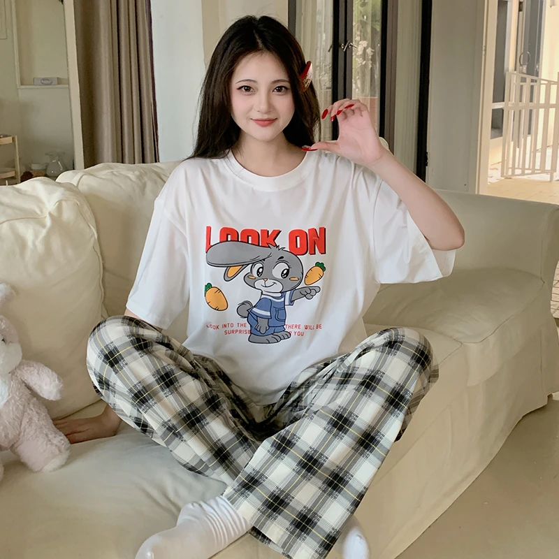 2025年新款睡衣女夏季纯棉短袖长裤卡通春秋天学生韩版家居服套装
