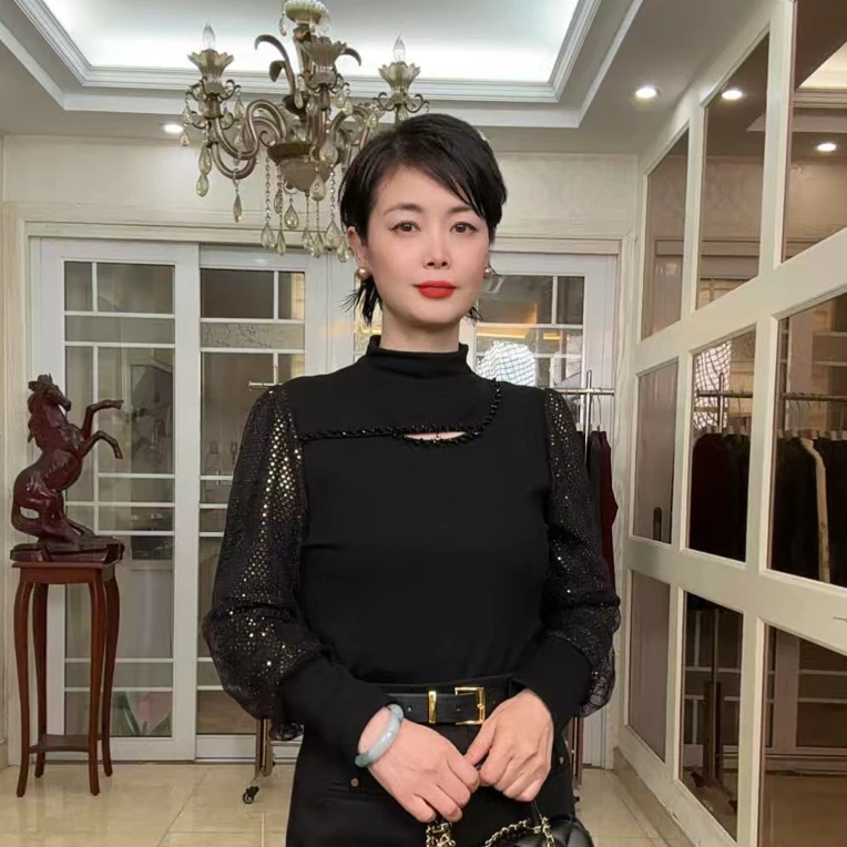 杂志风半高领长袖女镂空拼接洋气显瘦气质优雅百搭秋冬季针织9037