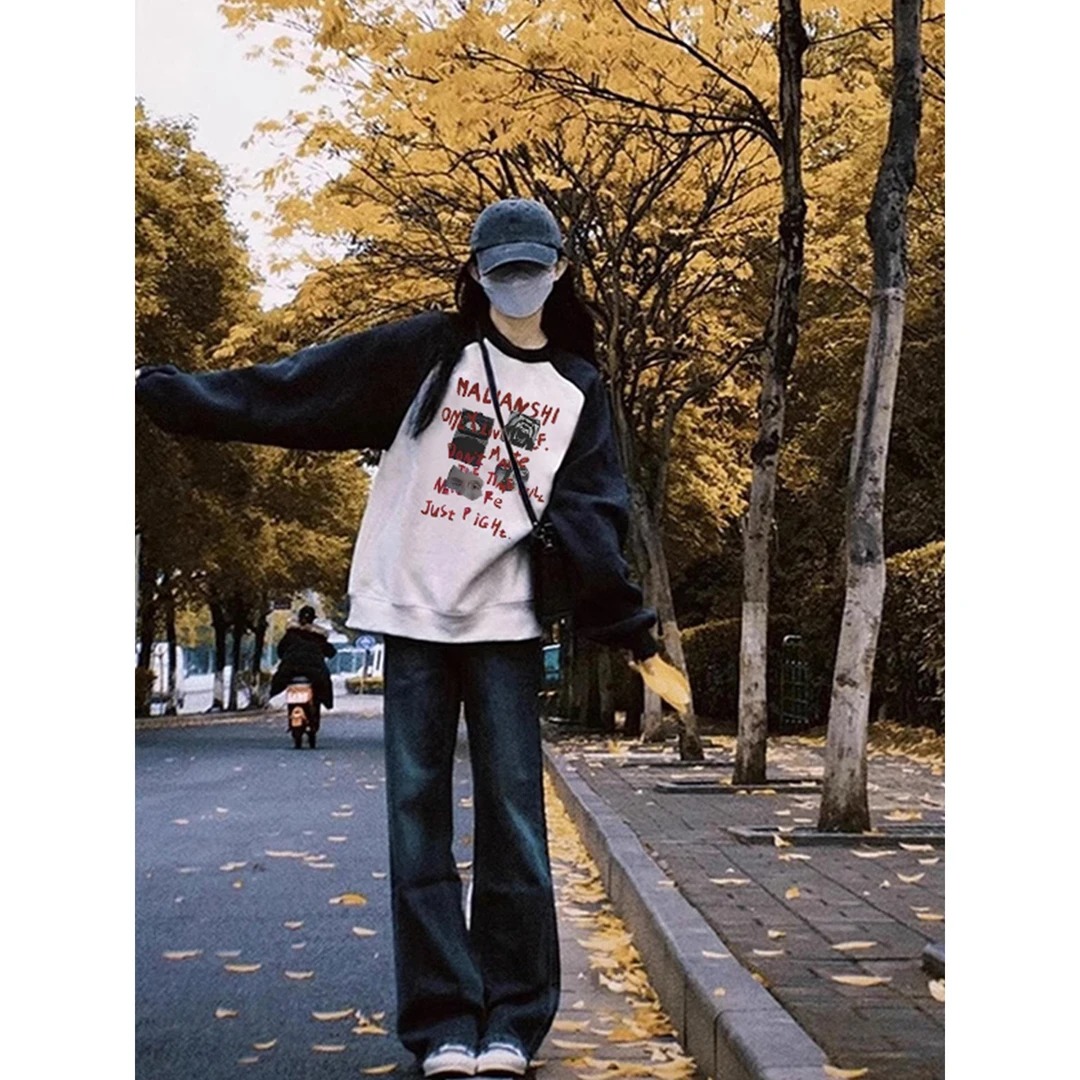 胖mm插肩卫衣女圆领上衣秋冬季薄款美式宽松休闲大码oversize外套