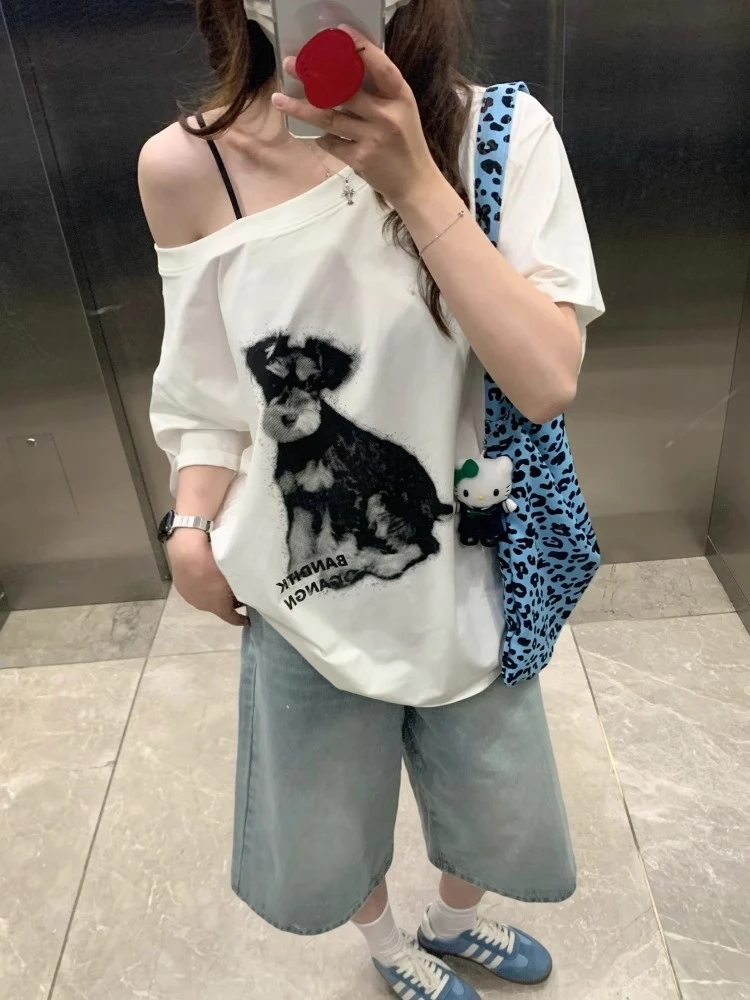 一字领斜肩短袖T恤女夏季2025新款爆款宽松慵懒风甜酷露肩上衣ins