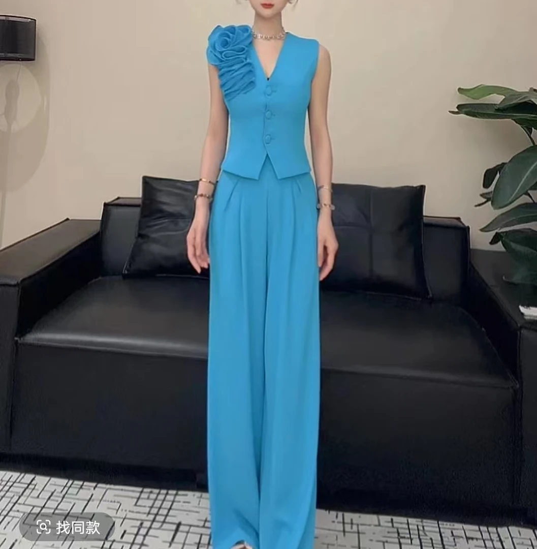 9015-G-1-1-1总裁套装女高端重工花朵无袖马甲女神范阔腿裤两件套