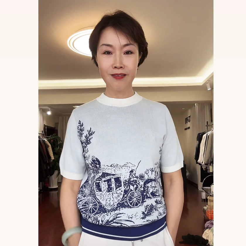 【葛行长定制】 100%莱赛尔天丝撞色提花圆领短袖印花针织衫NS888