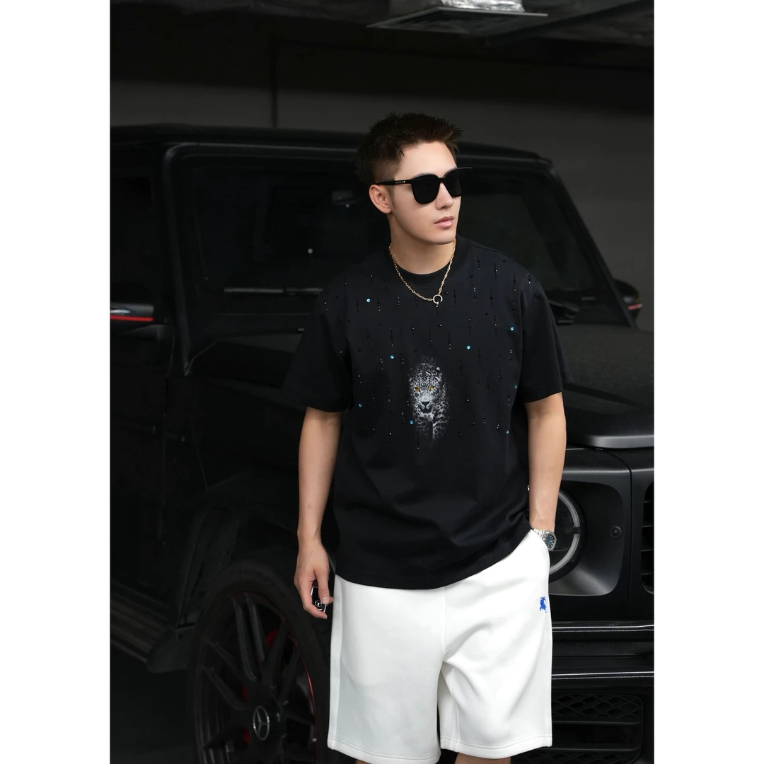 SAM【流星黑豹】轻奢质感活性黑冰感液氨透气高品质闪钻圆领短袖