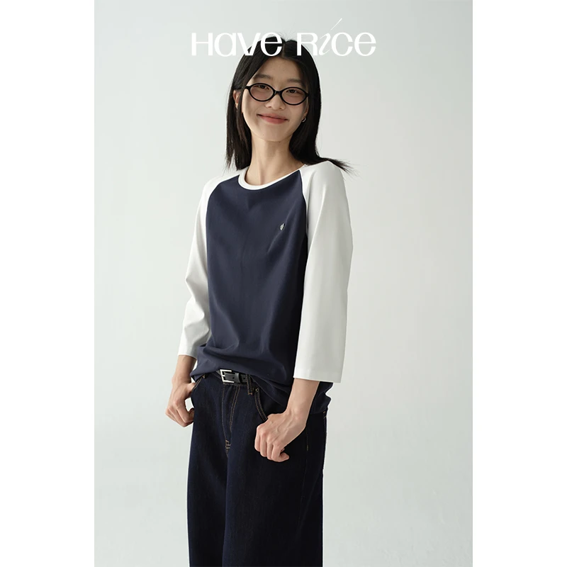 【插肩七分袖T恤】HAVERICE饭馆 蓝白情书 复古学院撞色亲肤弹力T恤