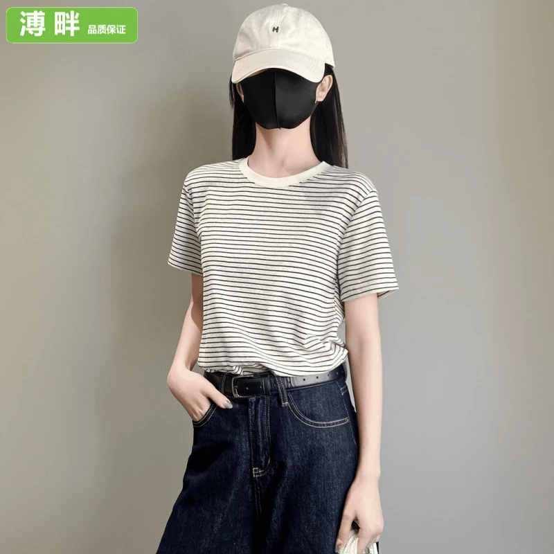 溥畔韩系细条纹t恤女2025新款圆领正肩短袖洋气设计感百搭宽松潮