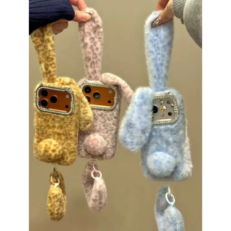 韩系豹纹毛绒长耳短尾兔适用于iphone17promax苹果16pro手机壳15p