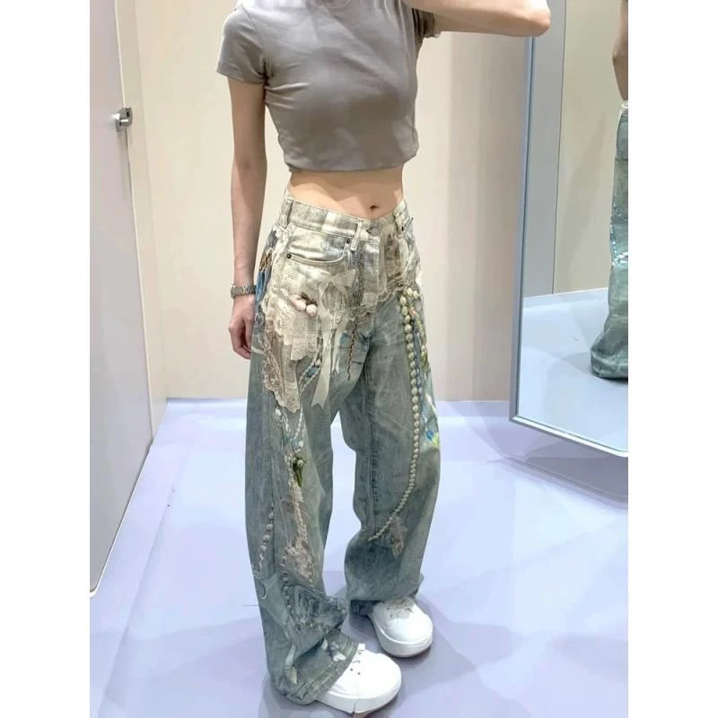 9062 蕾丝珍珠链条3D水印印花直筒弯刀牛仔裤