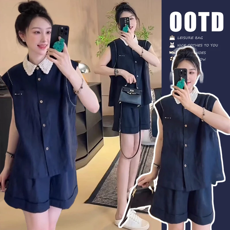 孕妇装夏套装新款女潮妈孕期穿搭棉麻上衣休闲衬衣抽绳短裤两件套