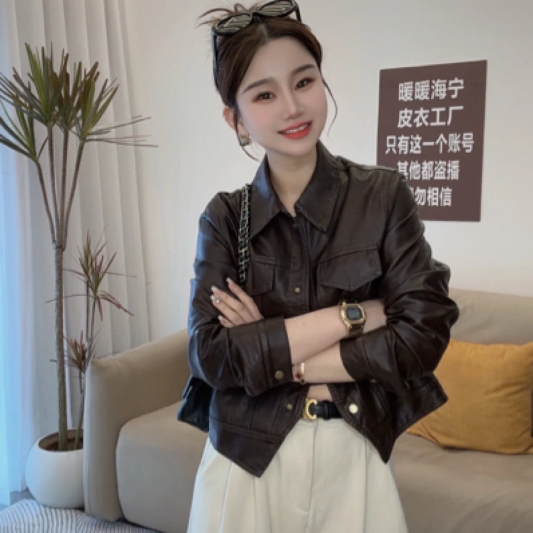 定制款油蜡荔枝纹工艺早秋2025新款翻领皮衣上衣显瘦宽松复古风