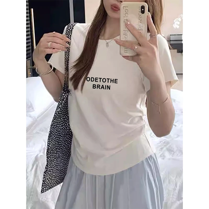 2025新款圆领收腰女t恤短袖侧边褶皱掐腰显瘦小众高级感上衣夏季