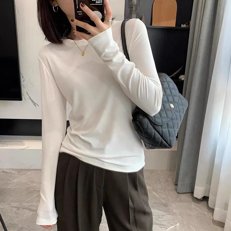 人手一件~百搭款弹力白t恤2025秋冬简约保暖基础通勤长袖上衣内搭