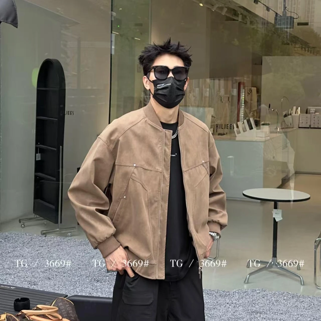 (剪标款）2025秋季简约纯色翻领时尚潮流百搭男士皮衣夹克外套3669