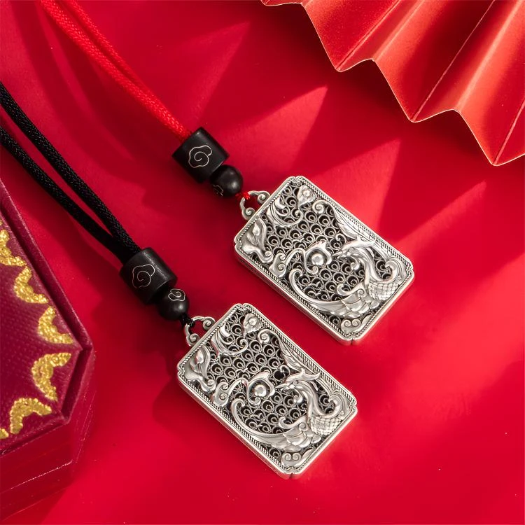 吊坠足银 国风S999足银龙凤呈祥无事牌吊坠古法磨砂凤凰九天挂坠