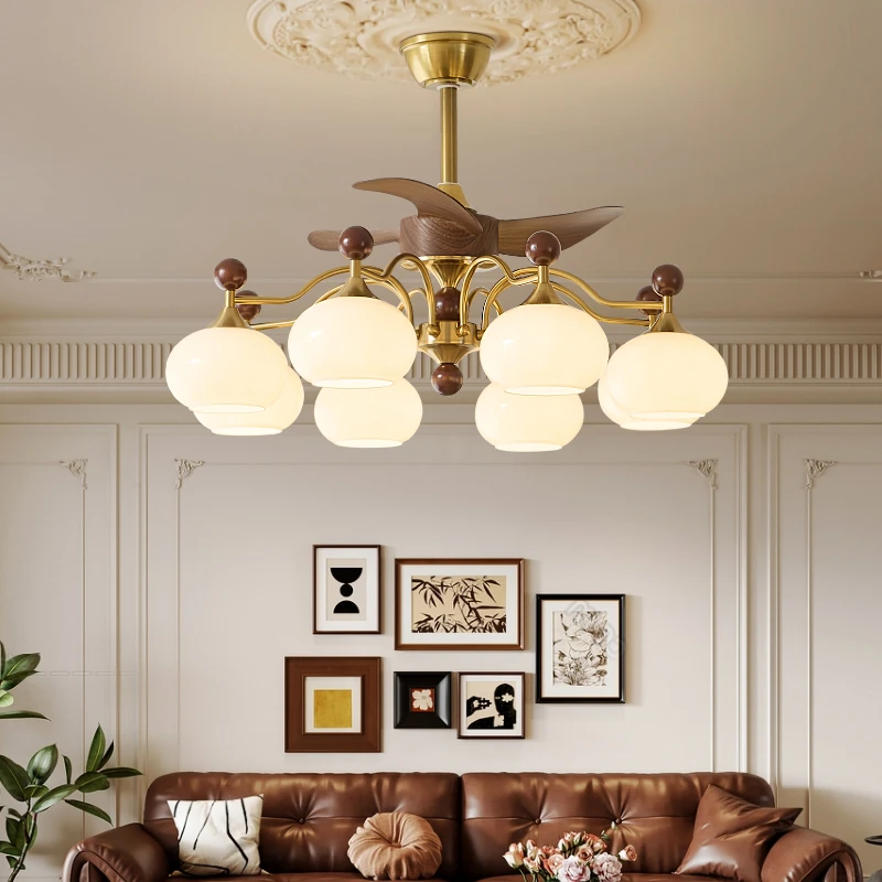 中古风餐厅风扇灯吊扇灯2025新款客厅吊灯隐形复古风茶室主卧室灯