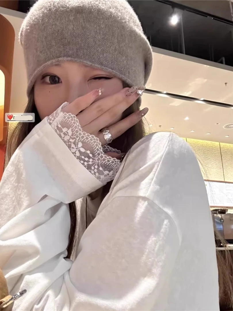 蕾丝大白T圆领薄款防晒长袖t恤女春夏新款宽松休闲纯色中长款上衣