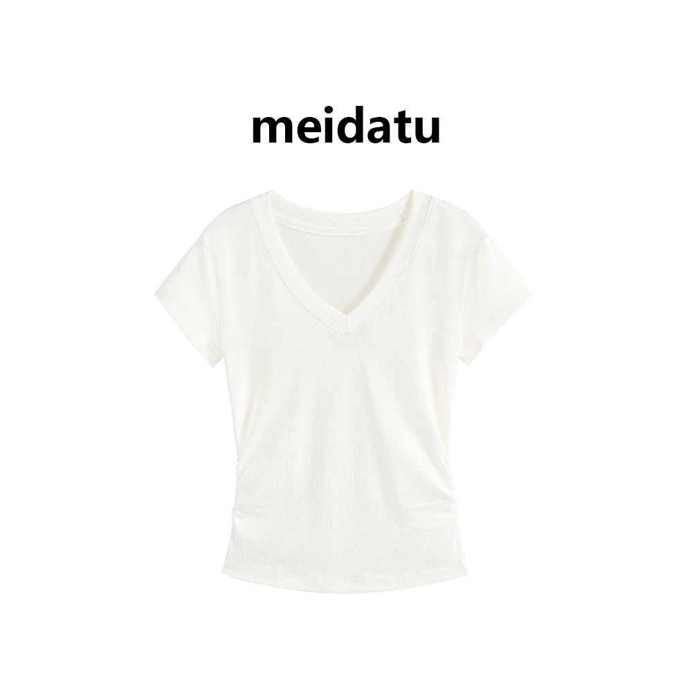 美哒兔（纯色微章）不规则褶皱收腰显瘦T恤（小个子版）CK352-25