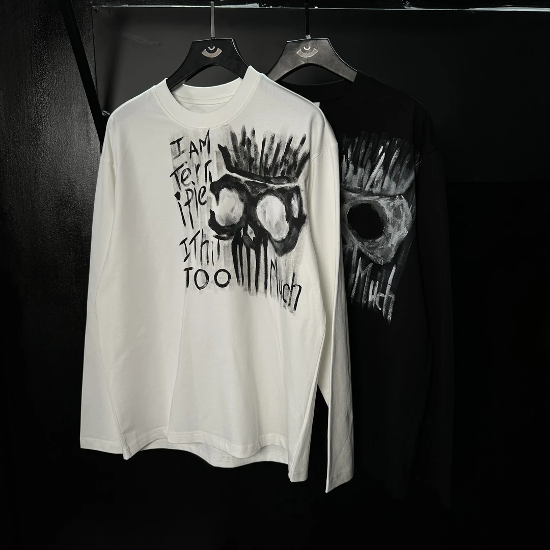 孤品专享 重磅洗水手绘骷髅磨破做旧工艺 简约百搭 长袖纯棉T