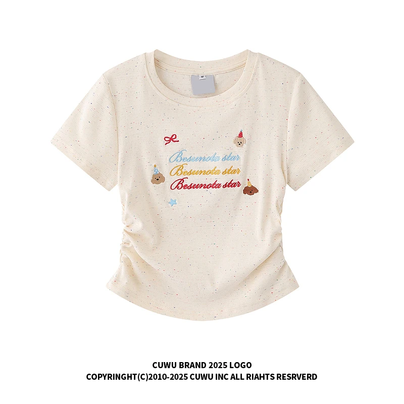 cuwu韩系收腰短袖正肩t恤女款字母动物刺绣减龄显瘦短款夏季上衣