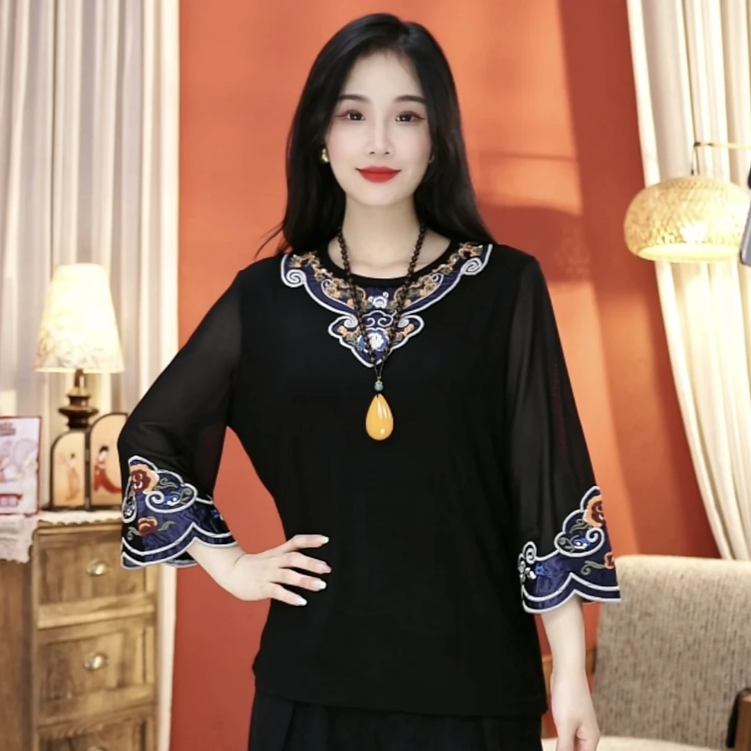 引卷  如意绣花刺绣夏季民族风T恤网纱袖贴布绣圆领打底衫七分袖