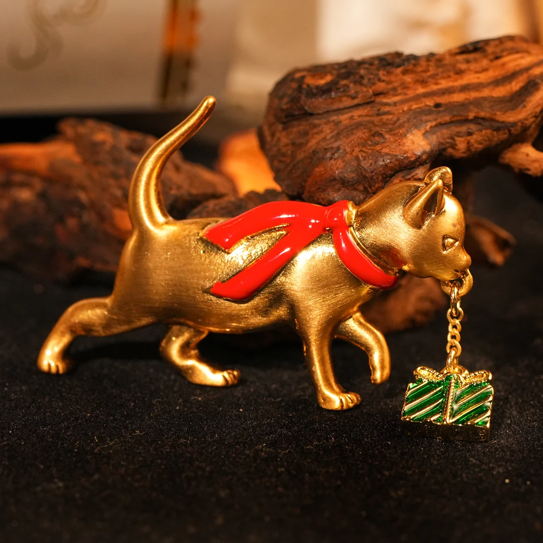 铜合金胸针 【3327】胸针 复古圣诞猫咪礼物盒趣味