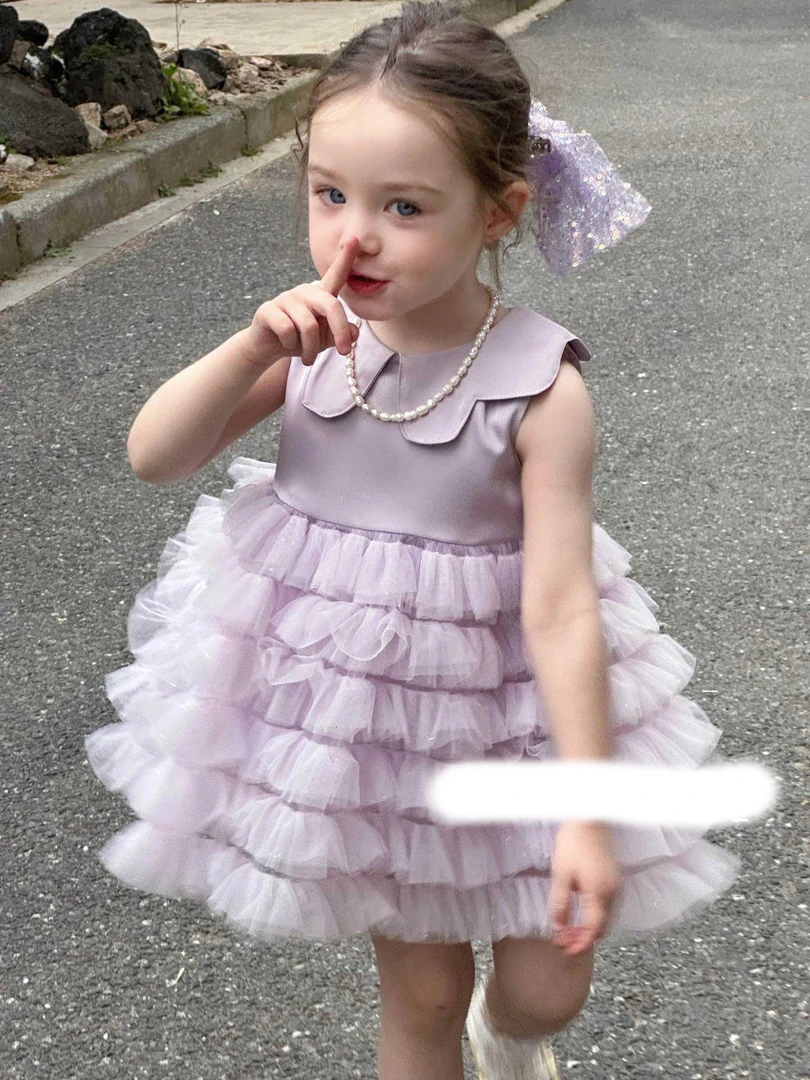 {花卷卷}2025夏季女童紫色无袖娃娃领TUTU公主连衣裙2588139