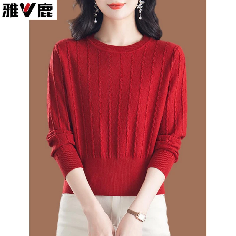雅鹿秋冬高腰毛衣女2025新款洋气小个子短款本命年红色打底羊毛衫
