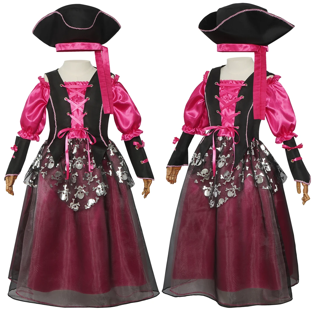 海盗粉色女童公主裙带帽子cos服万圣节儿童cosplay角色扮演服