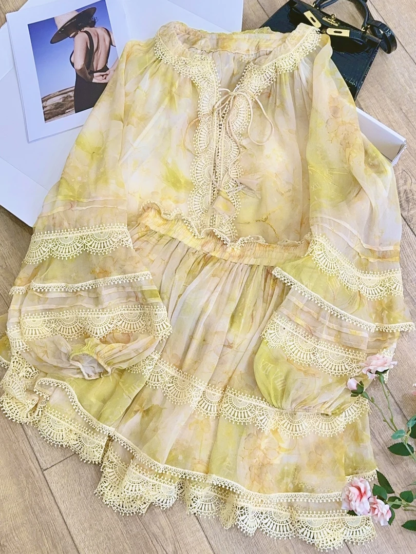 琳心丨夏日柠檬丨春季新款时尚简约灯笼袖蕾丝边衣裙套装 3700