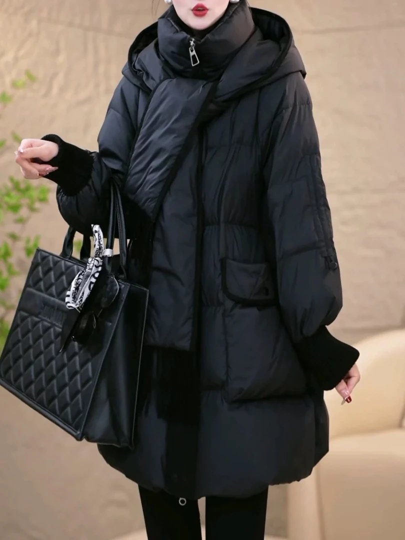 冬季新款优雅时尚百搭气质显瘦减龄休闲带围巾棉服中长款0197