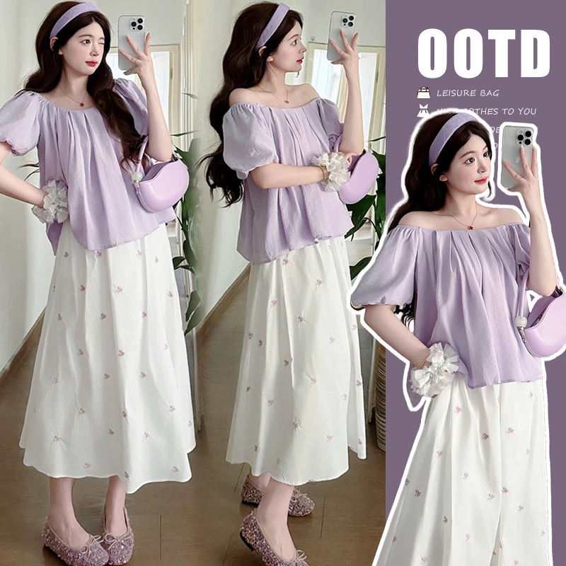 【茜茜】孕妇套装夏季薄款外出时尚洋气减龄压褶上衣绣花半身裙套装