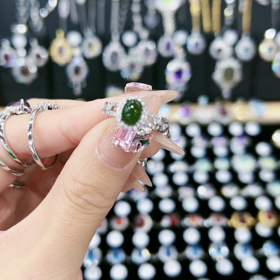 蛇纹石玉戒指银S925镶嵌天然