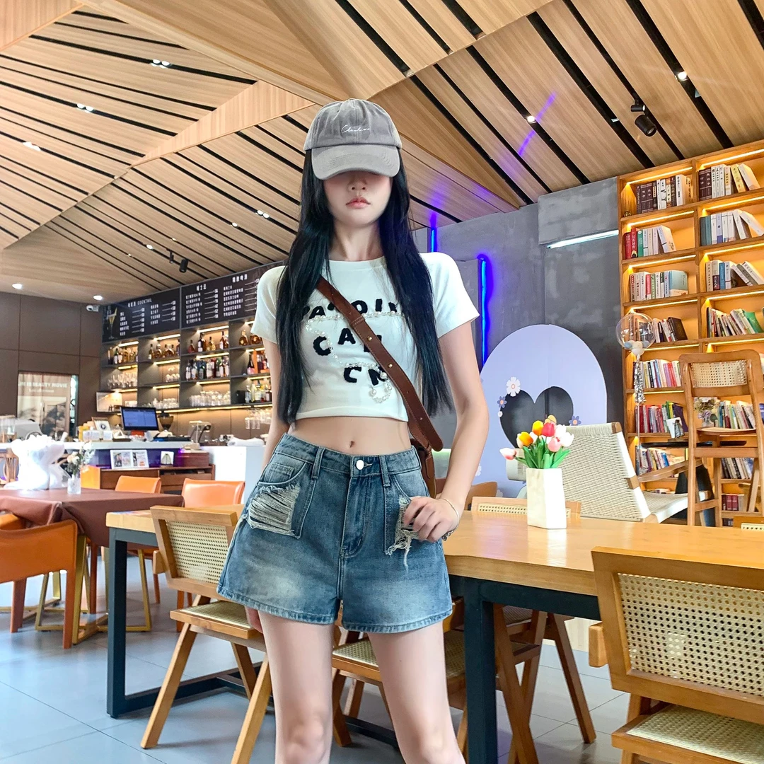 复古蓝破洞牛仔短裤2025年夏季新款个性高腰水洗A字阔脚热裤女