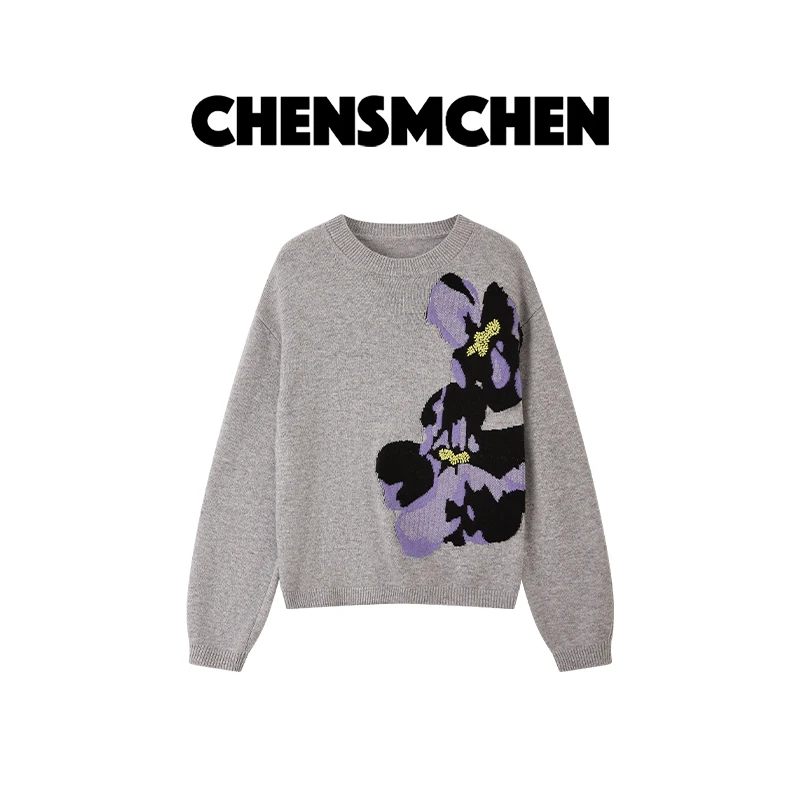 CHENSMCHEN 绵羊毛紫色鸢尾套头针织衫女时尚百搭上衣CSZ9022QQ