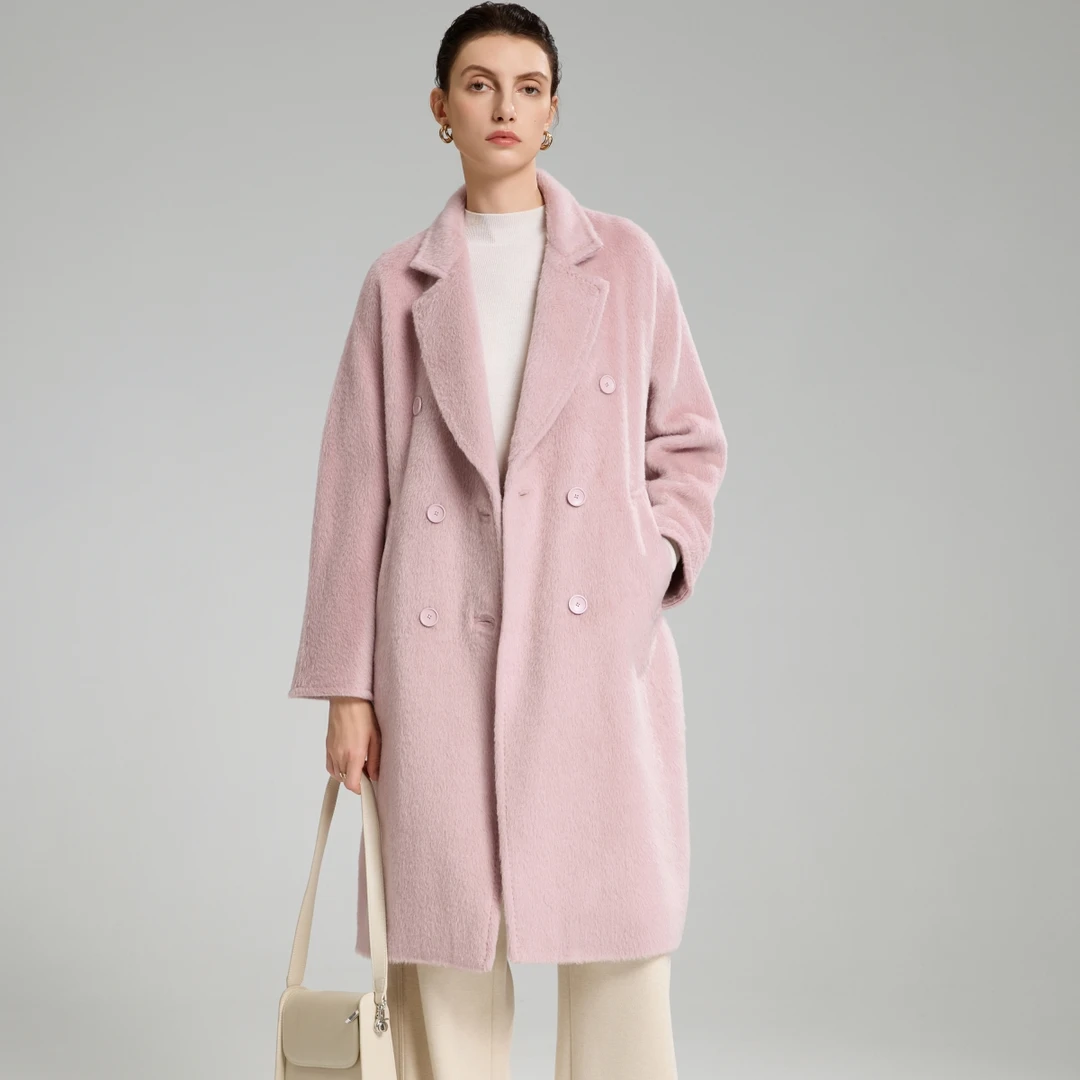 苏力羊驼绒长毛大衣女中长款气质时尚高端赫本风翻驳领毛呢外套